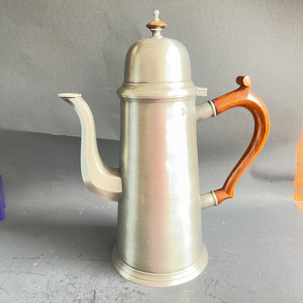 John Somers Pewter Coffee Pot Vintage Silver Wood Handle Brazil JS MG Hallmarks
